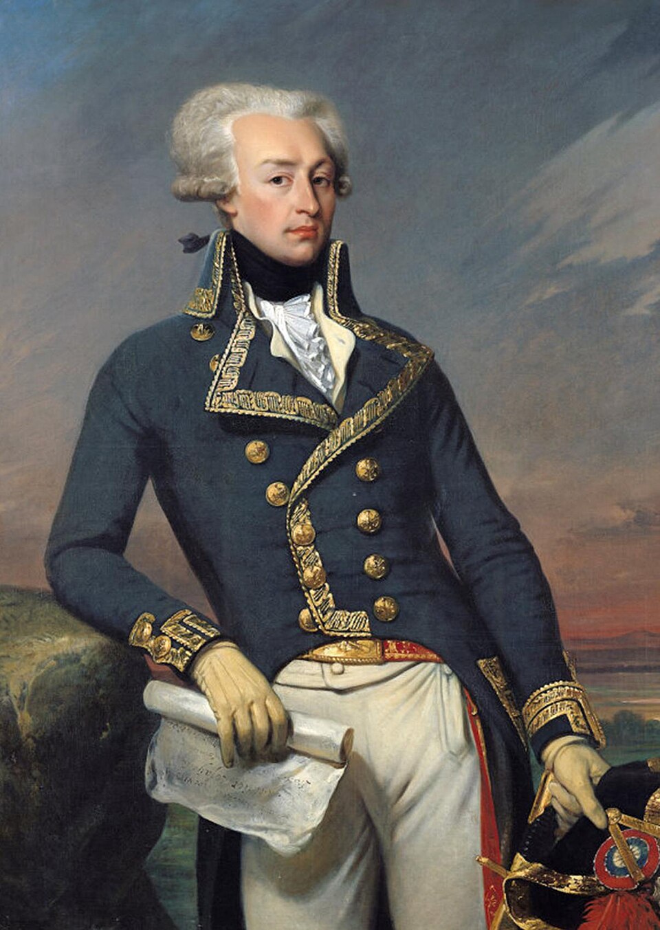 Painted period portrait of the young Marquis de Lafayette in Continental Army blue and buff uniform with gold epaulettes
