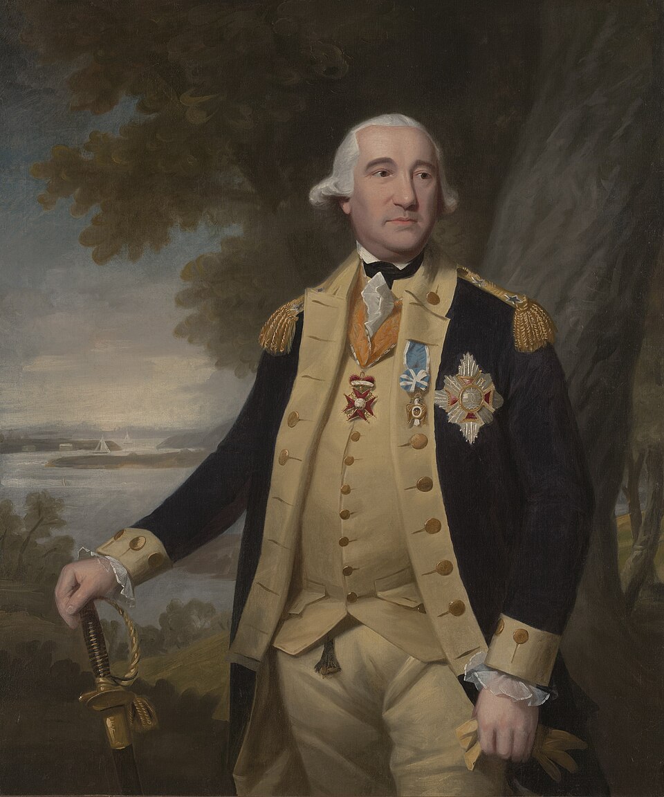 Painted period portrait of Baron von Steuben in Continental Army blue uniform with star of the Order of the Cincinnati and tricorne hat