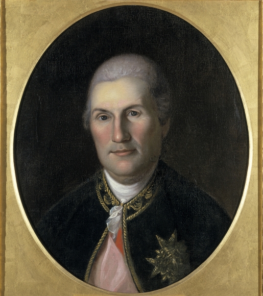 Painted period portrait of Comte de Rochambeau in white Bourbon-era uniform with blue sash, decorations, and powdered wig