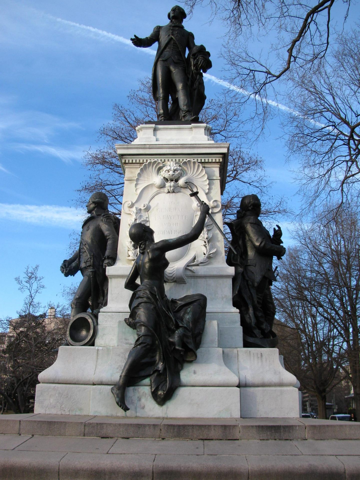 Lafayette monument in Lafayette Square, Washington D.C., with compatriot figures around the pedestal
