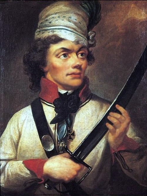 Period portrait of Tadeusz Kościuszko in a white military coat with red collar, wearing a plumed cap and the Virtuti Militari cross, holding a sabre