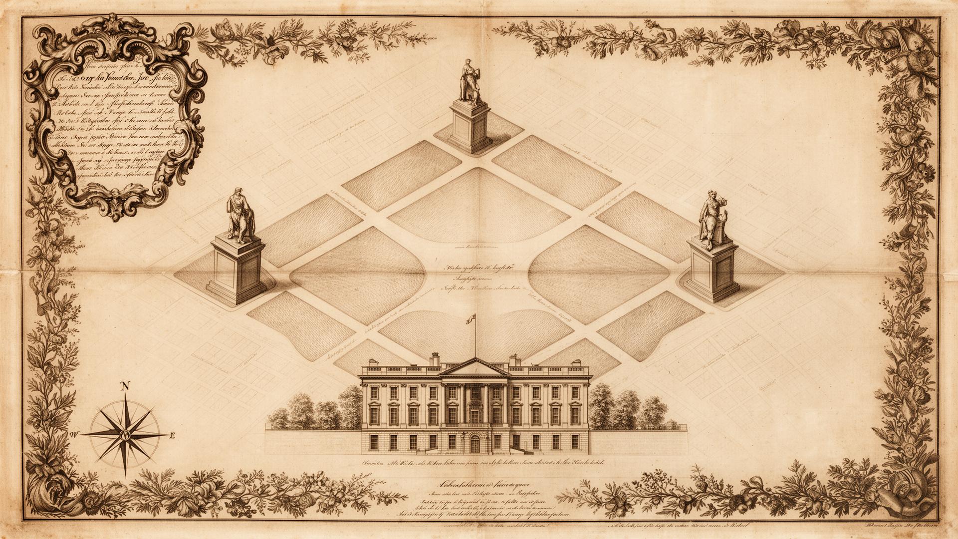 Imagined 18th-century engraved plan of Lafayette Square and the President's House